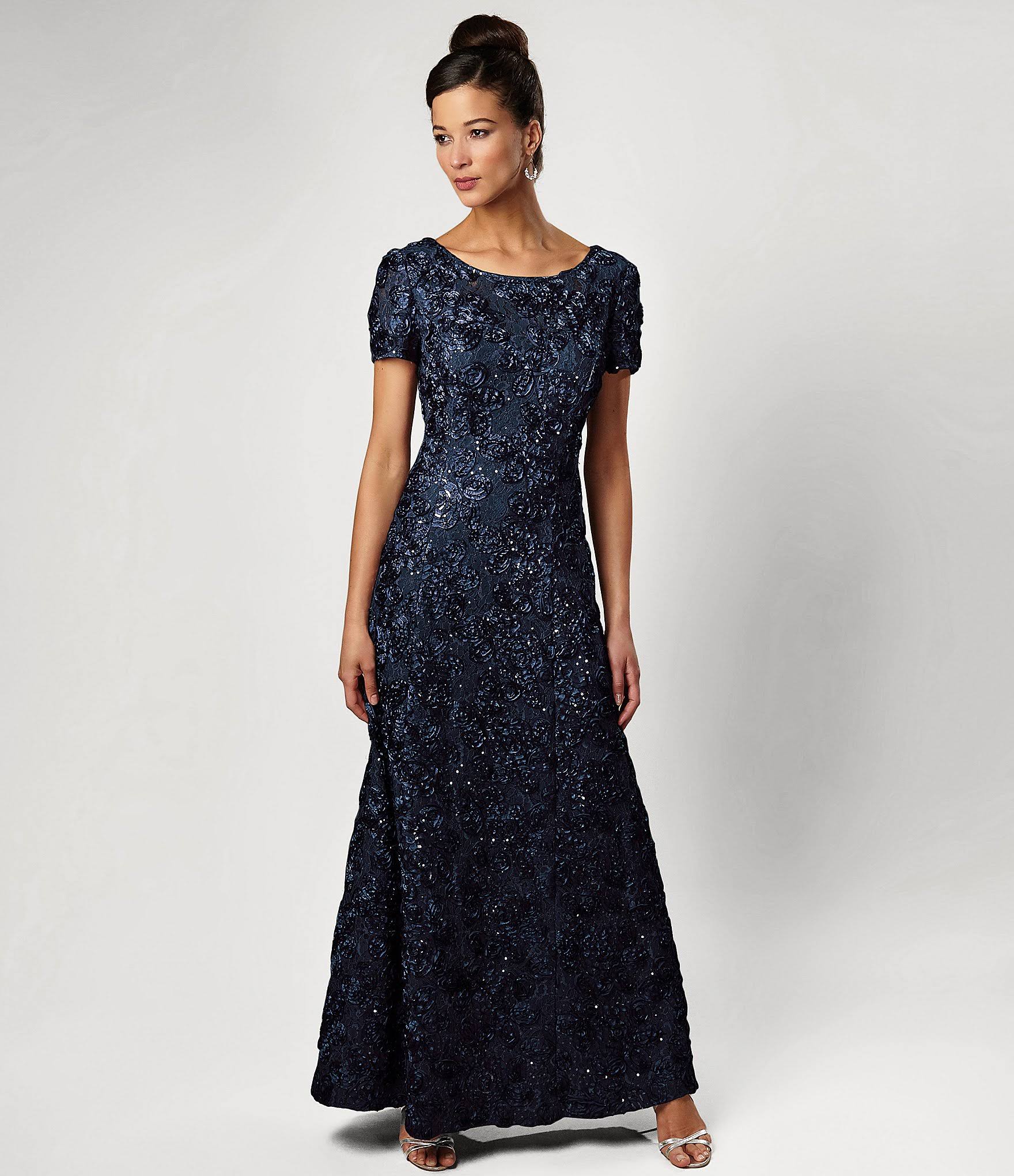 Alex Evenings Petite Rosette Lace A-Line Gown - Navy