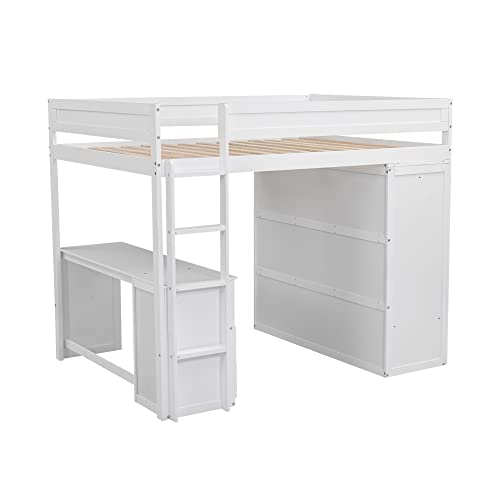 Full Size Loft Bed with Storage Wardrobe and Desk Wooden Loft Beds Frame with Drawers and Cabinet Wood High Loft Beds with Ladder for Kids Teens Adults, White