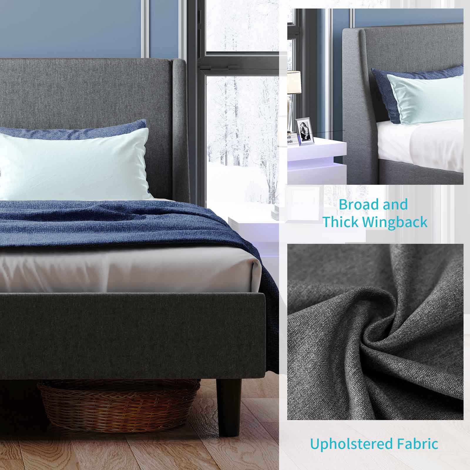 CECER King Size Bed Frame, Modern Bed Frame with Upholstered Headboard & Broad Wingback Wooden Slat Support, No Box Spring Needed - Dark Grey