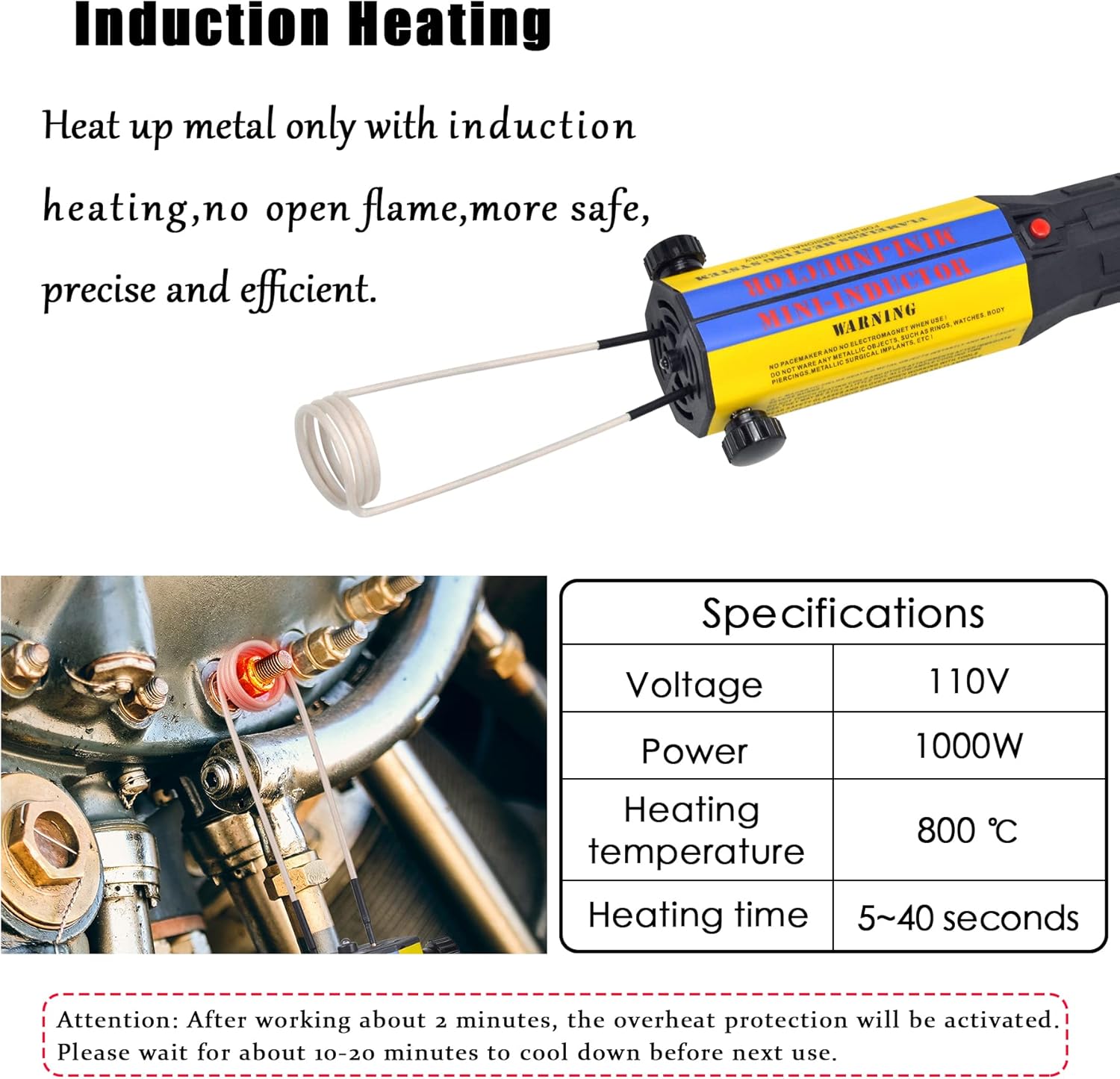 Magnetic Induction Heater 10 Coils 1000W 110V Flameless Heater Kit Hand Held Automotive Electromagnetic Induction Heater Disassembly Repair Set