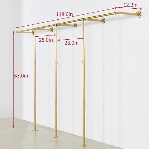 Wall Mounted Gold pipe clothing rack with 3 T-Bar Design and Nano Gold Finish with 2 Wooden Shelves Heavy Duty Wall Mounted Gold Iron Garment Bar for Retail Display and Closet Storage