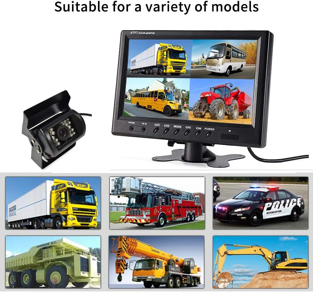 Backup Camera Hard Wired Backup Camera 9'' Quad Split Screen HD Rear Backup Camera Monitor System, Waterproof IR Night Vision Backup Camera for Trucks,Trailer Heavy,Box,RV,Camper Bus Rearview Camera