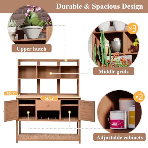 Outdoor Wooden Potting Bench Table – Farmhouse Garden Workstation with Drawers, Cabinet & Storage Shelves, Large Fir Wood Work Table for Patio, Backyard, Mudroom, Greenhouse (Light Brown, 66''H)