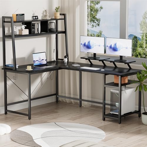 L Shaped Desk Gaming Desk with Hutch, Reversible 94.5” Corner Computer Desk with 1 Monitor Stand & Storage Shelves, Home Office Desk with LED Lights & Power Outlets for Home Office (Rustic Brown)