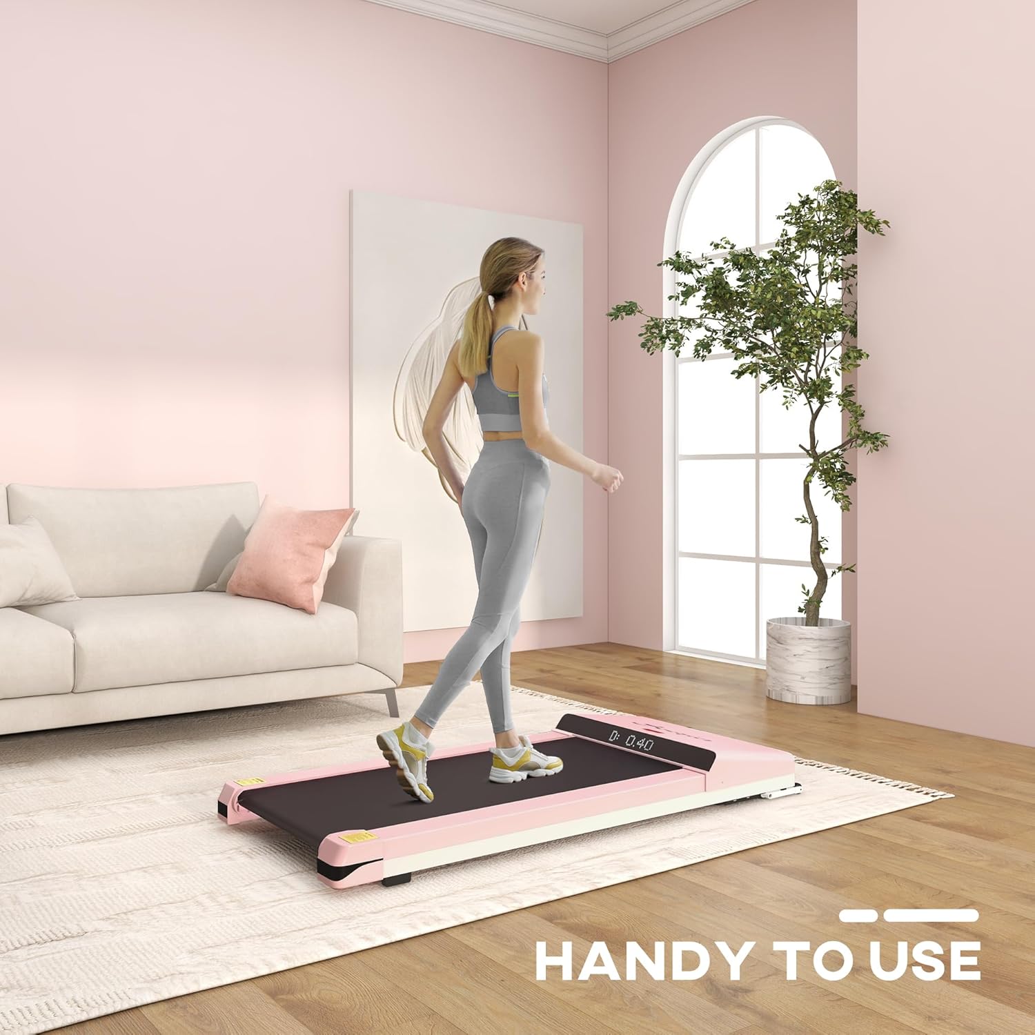 Soozier Under Desk Treadmill, Portable Walking Pad with Foldable Wheels, Remote Control, LED Display, 200 lbs Weight Capacity, Pink