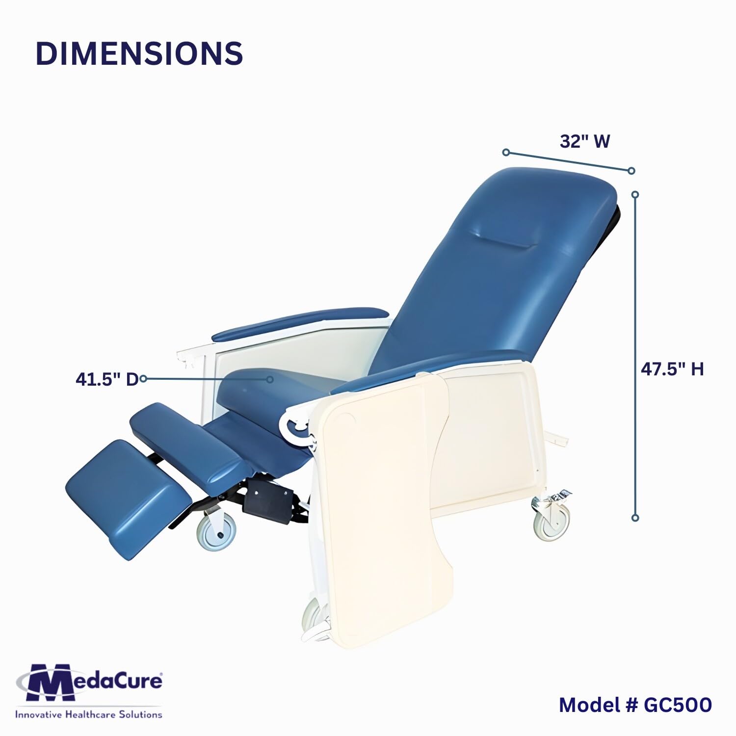 Medacure Reclining Geri Chair - Bariatric Options, 3 Positions, Retractable Lock Bar, Large Tray, 500 Lbs Weight Capacity, Dimensions - 47.5" H x 32" W x 41.5" D - GC500