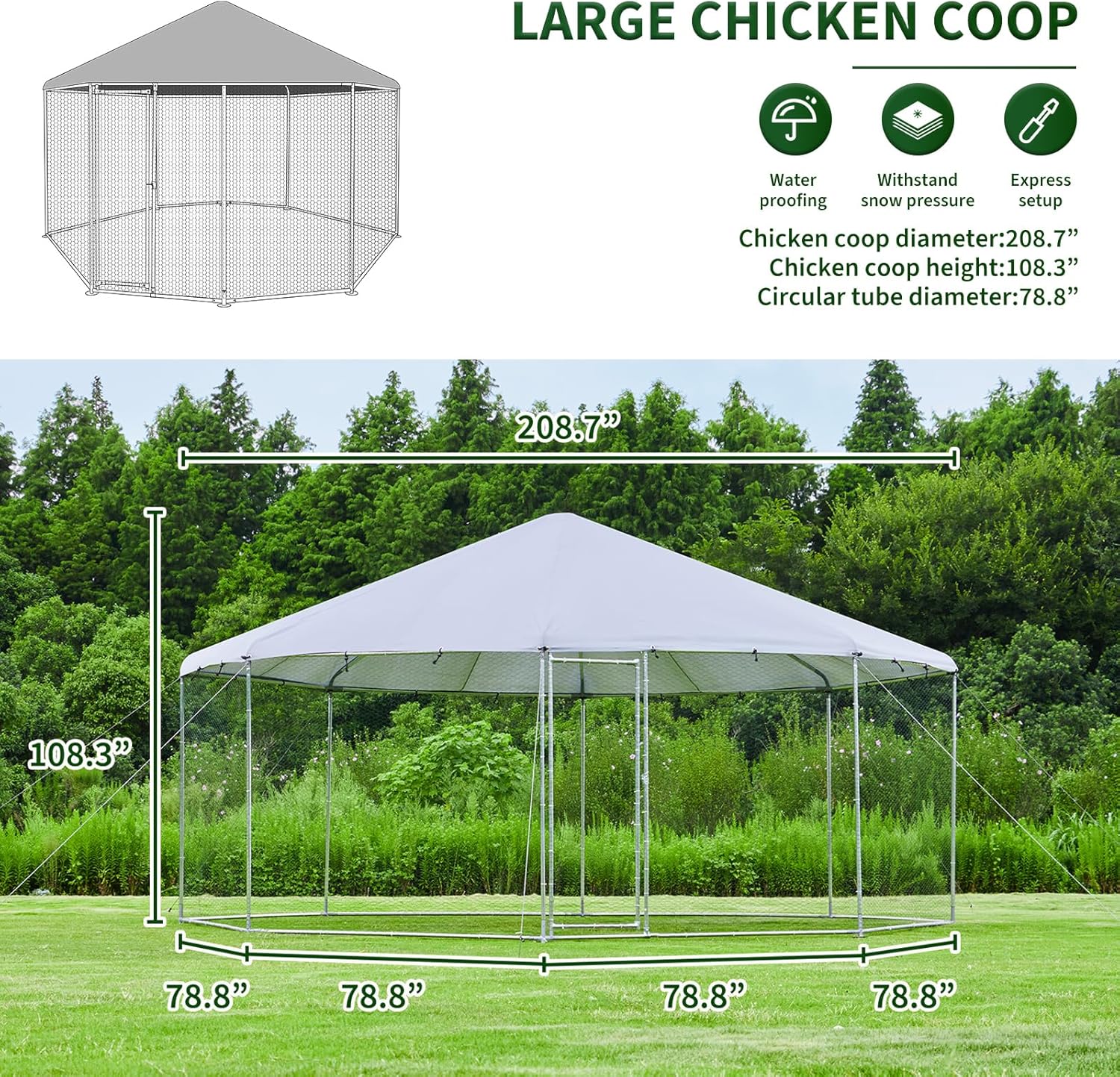Large Octagon Chicken Coop, Heavy-Duty Chicken Run 17.4' Diameter with Galvanized Steel Frame & Water-Resistant Oxford Tarp, Spacious Multi-Animal Habitat