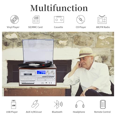 9 in 1 Record Player with External Speakers,3 Speed Bluetooth Turntable Vinyl Player with CD/Cassette Play,AM/FM Radio, USB SD/MMC Play, Aux-in/RCA Line Out