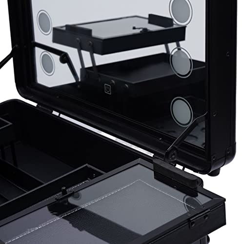 Cosmetic Train Cases Portable Makeup Case Salon Cosmetic Organizer w/Drawbar 4 Rolling Wheels &Mirror Makeup Train Case Professional Artist Trolley Studio Free Standing Case (black)
