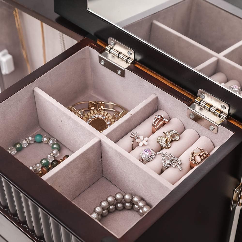 Standing Jewelry Armoire Cabinet,Jewellery Box Organizer Storage Chest with 7 Drawers,2 Swing Doors,16 Necklace Hooks,Brown