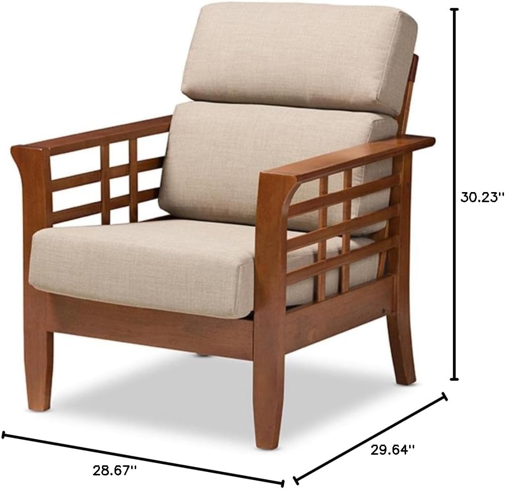 Baxton Studio Larissa Modern Classic Mission Style Cherry Finished Brown Wood and Dark Beige Fabric High Back Cushioned Living Room 1-Seater Lounge Chair