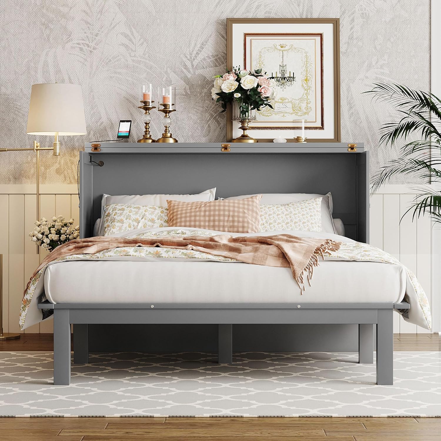 Murphy Bed Queen with Desk Board and Removable Shelves,Wooden Murphy Bed Cabinet with Charging Station, Space-Saving Modern Murphy Cube Wall Bed for Guest Room Home Office, Grey