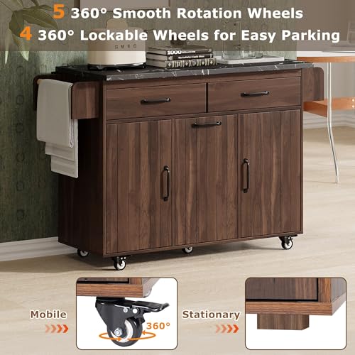 60" Kitchen Island with Drop Leaf and Power Outlet, Rolling Kitchen Cart on Wheels with Trash Can Storage Cabinet, Spice Rack, Towel Rack and Adjustable Shelf for Dining Room