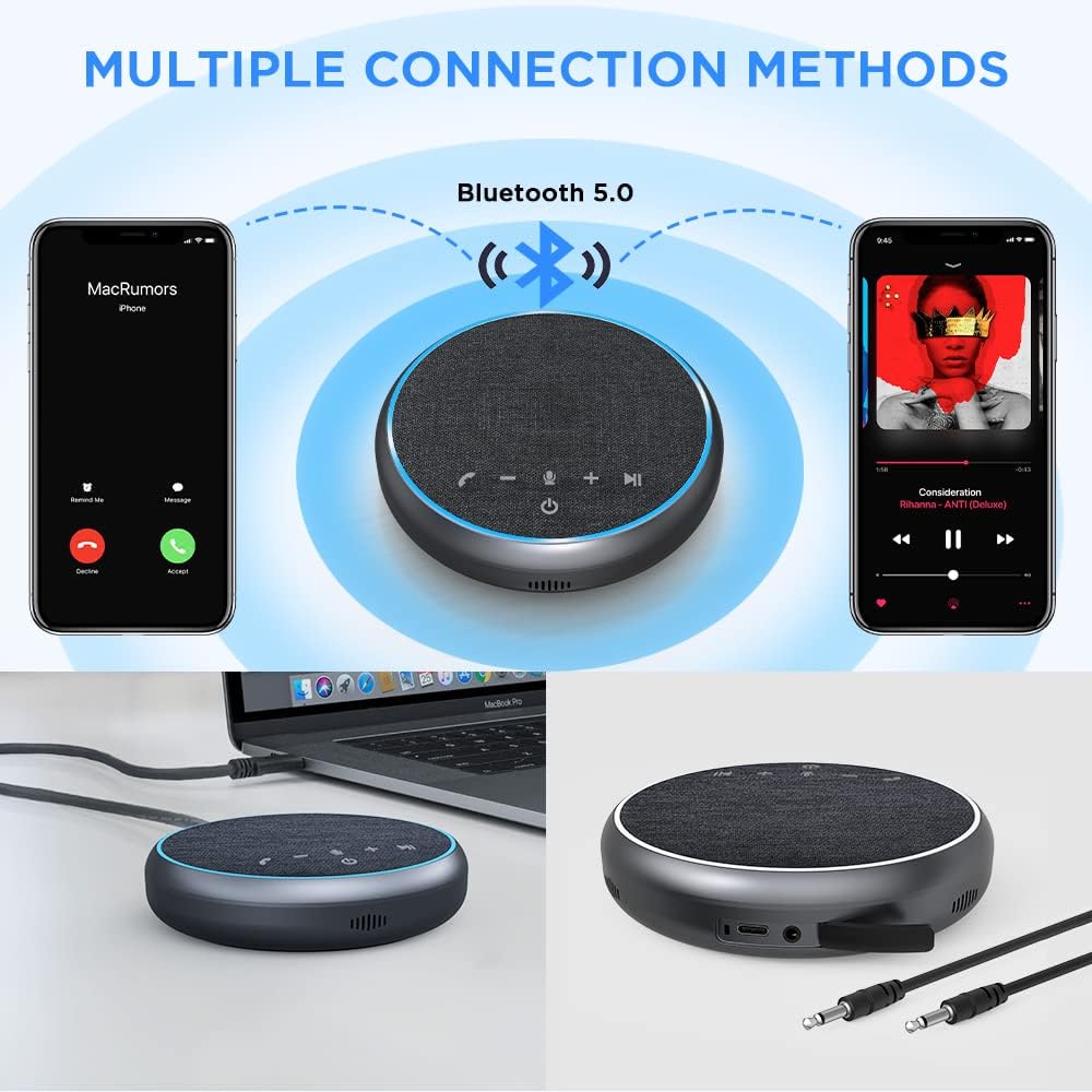 Ainostone Bluetooth Conference Speaker, USB C Speakerphone Portable with 3 AI Microphone 360º Voice Pickup Noise Cancel Mute CSR Chip for Home Office PC Computer Tablet Smartphone, Up to 10 People