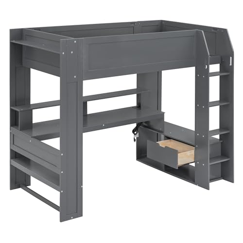 Wood Twin Size Gaming Loft Bed with Desk, Multi-Storage Shelves, LED and Charging Station，Suit High Loft Bed Frame with Bookshelf for Kids Teens Adults, (Dark Gray)