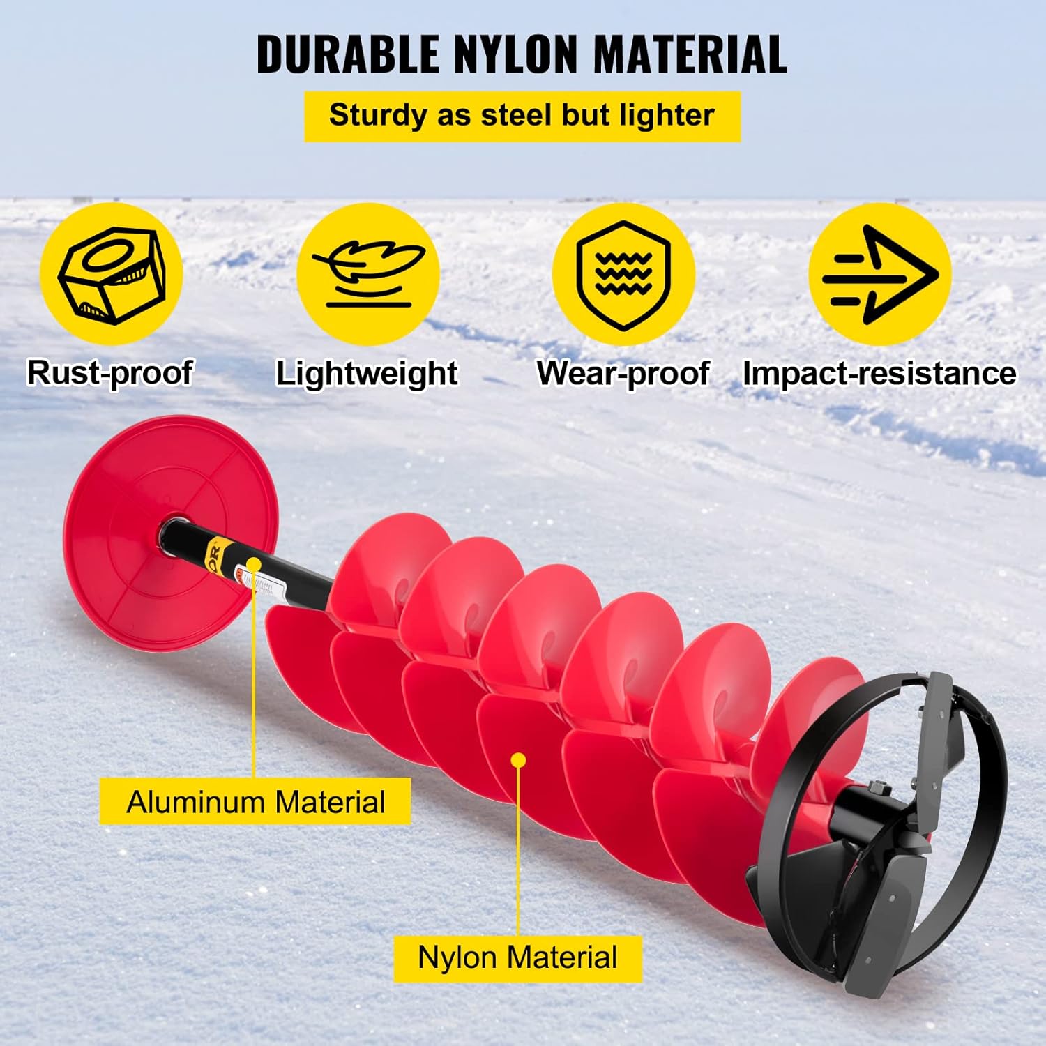 VEVOR Ice Drill Auger, 8'' Diameter Nylon Ice Auger, 41'' Length Ice Auger Bit, Auger Drill w/ 14'' Adjustable Extension Rod, Rubber Handle, Drill Adapter, Replaceable Auger Blade for Ice Fishing Red