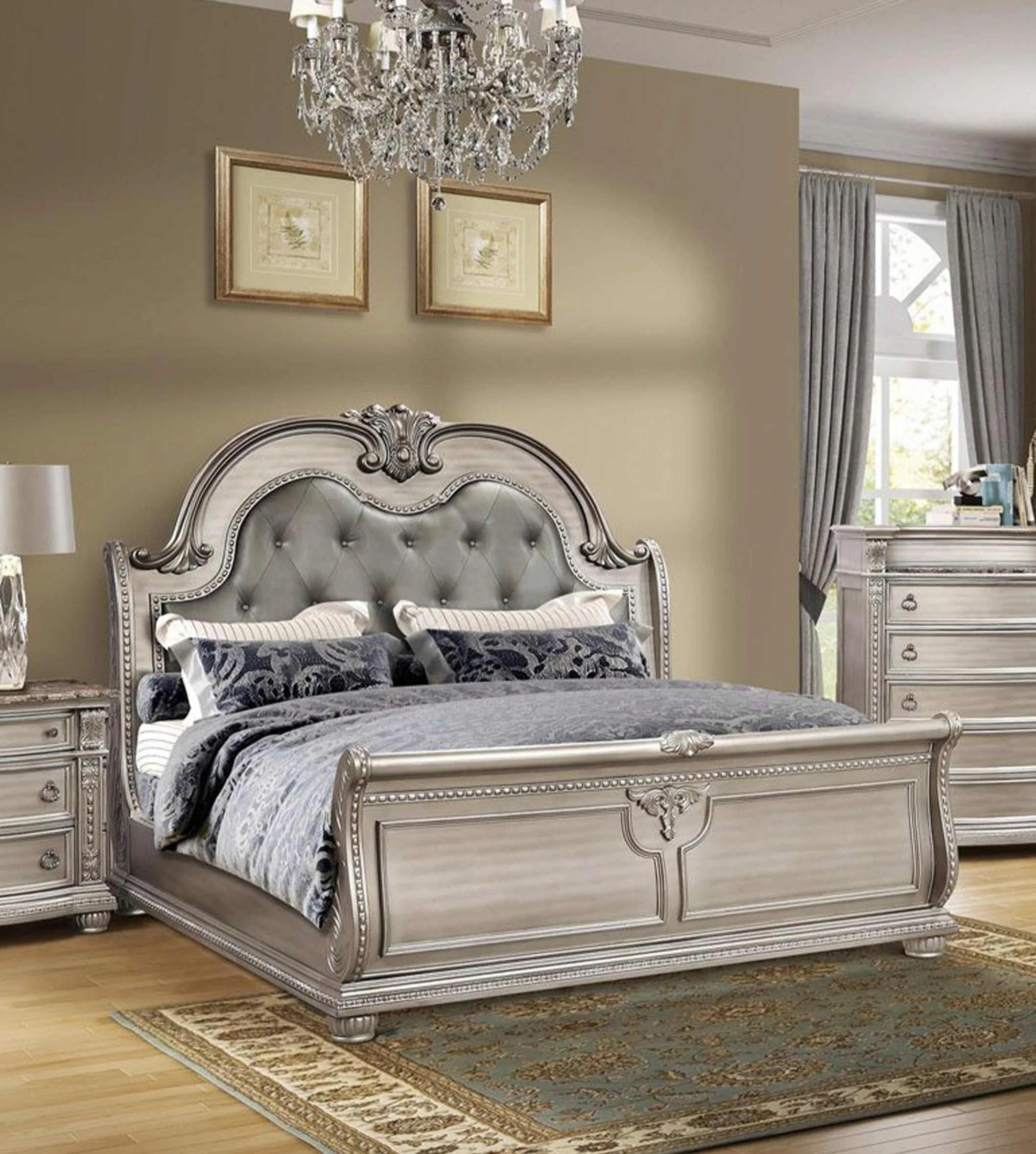 Antique Platinum Sleigh Queen Bedroom Set 5P B9506 Mcferran Classic Traditional