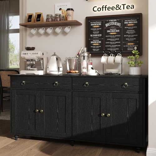 4 EVER WINNER Buffet Cabinet with Storage, 55" Sideboard Buffet Cabinet with 2 Drawers and 4 Doors, Modern Farmhouse Coffee Bar Cabinets, Wood Buffet Table for Kitchen, Dining Room, White