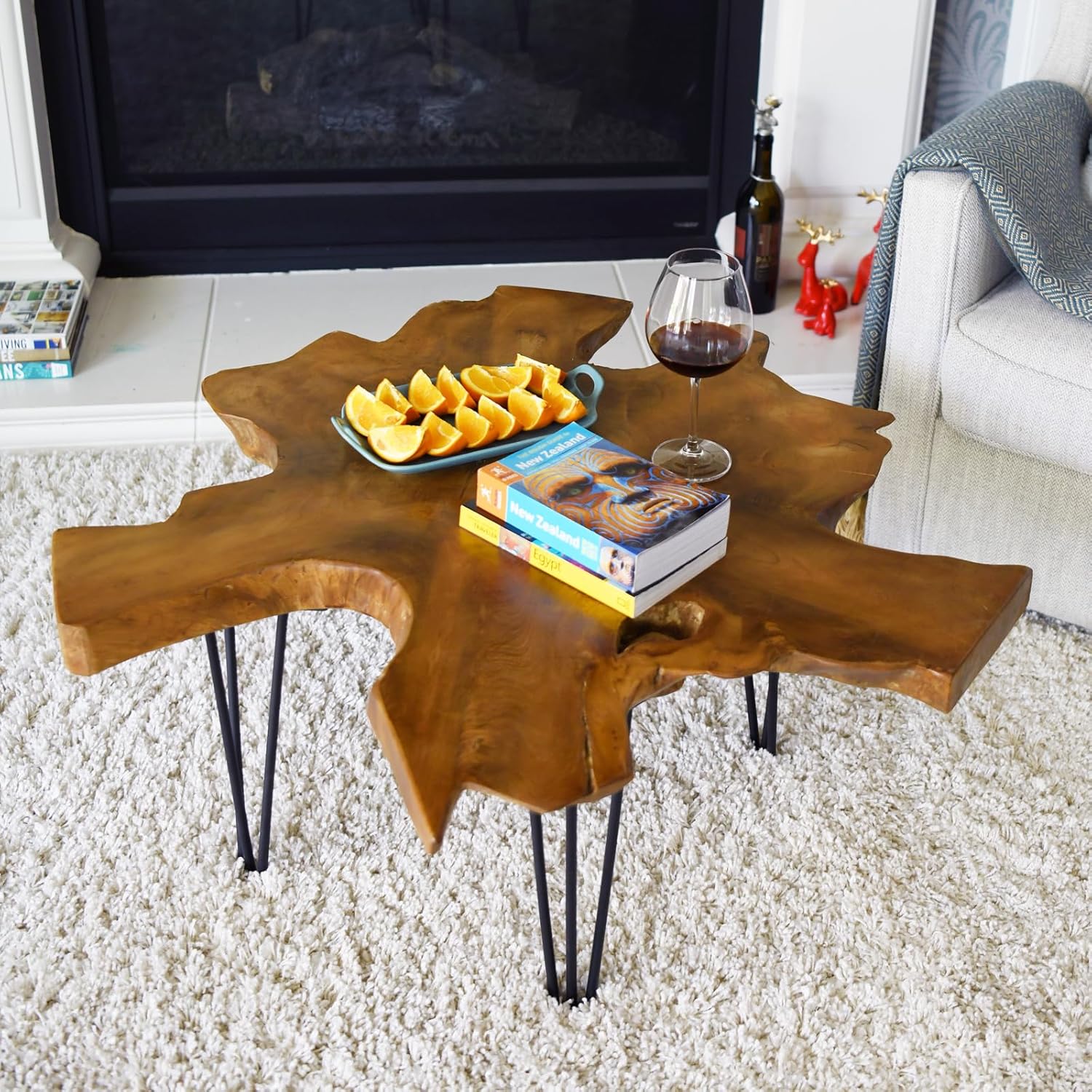WELLAND Live Edge Teak Coffee Table Natural Wood Rustic Table 36"
