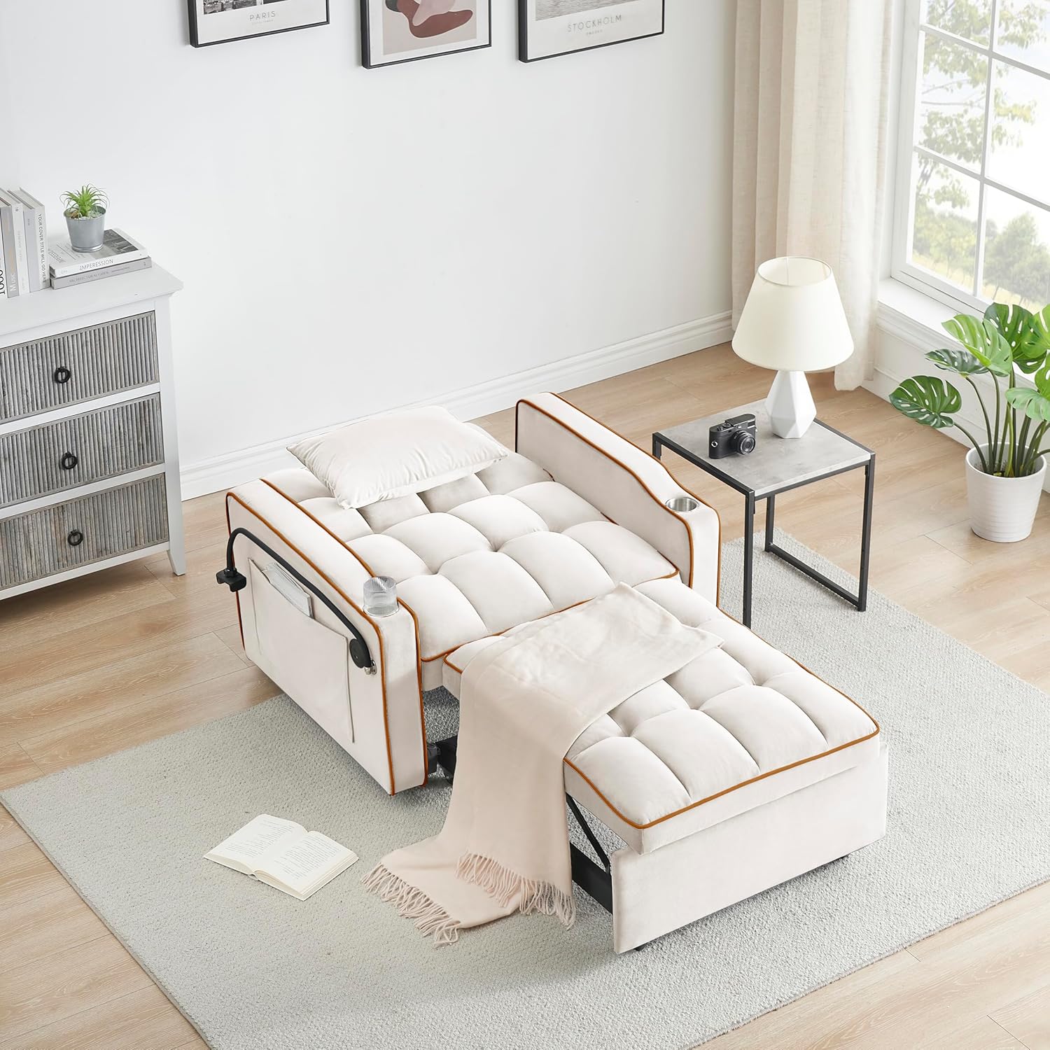 35" Twin Size Pull Out Sofa Bed Chair -3 in 1 Convertible Sleeper Chair Bed, Velvet Reading Armchair, Futon Recliner, Foldable Chaise Lounge Sofa with Pullout Bed, Small Couch for Living Room