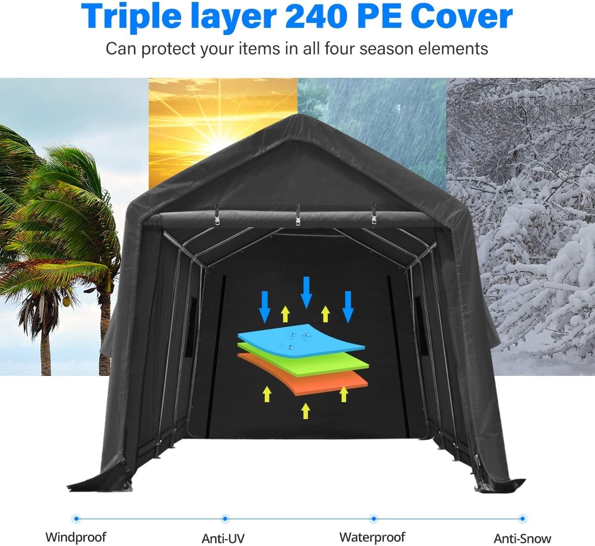 ADVANCE OUTDOOR 10X20 ft Carport Heavy Duty Outdoor Patio Anti-Snow Portable Canopy Storage Shelter Shed with 2 Rolled up Zipper Doors & Vents for Snowmobile Garden Tools, Gray