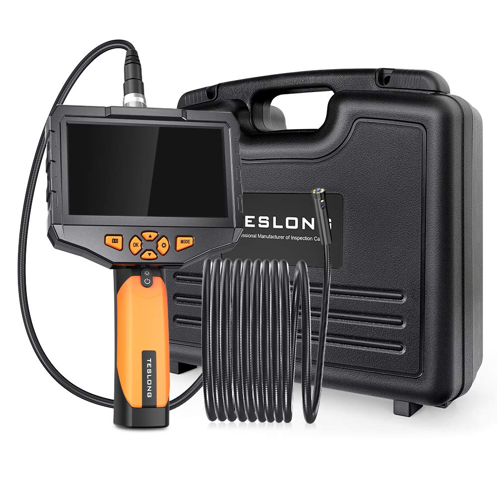Dual Lens Endoscope Camera, Teslong 5inch IPS Industrial Borescope Inspection Camera with Light, for Automotive HVAC Plumbing, 1080P HD Waterproof Probe, 16.5ft Gooseneck Snake Cable & Tool Case