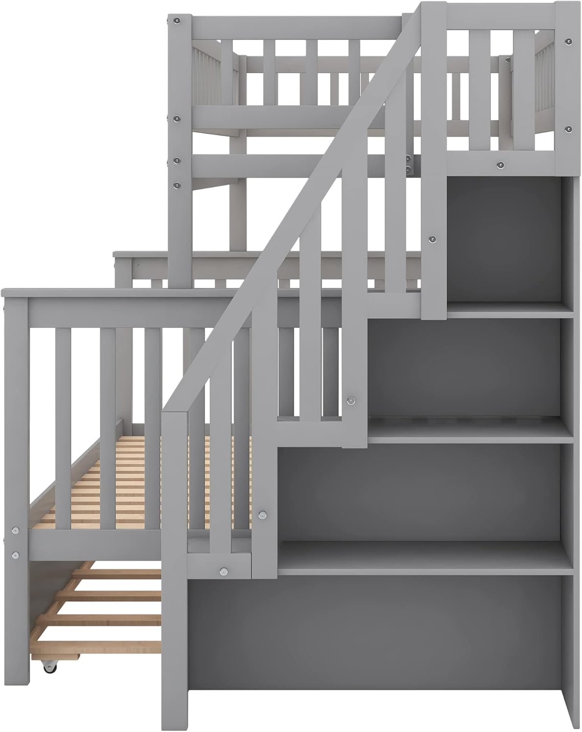 Bunk Beds with Trundle, Wood Space Saving Design Stairway Twin Over Full Bunk Bed Frame with Storage, Convertible to 2 Separated Beds, No Box Spring Needed, Gray