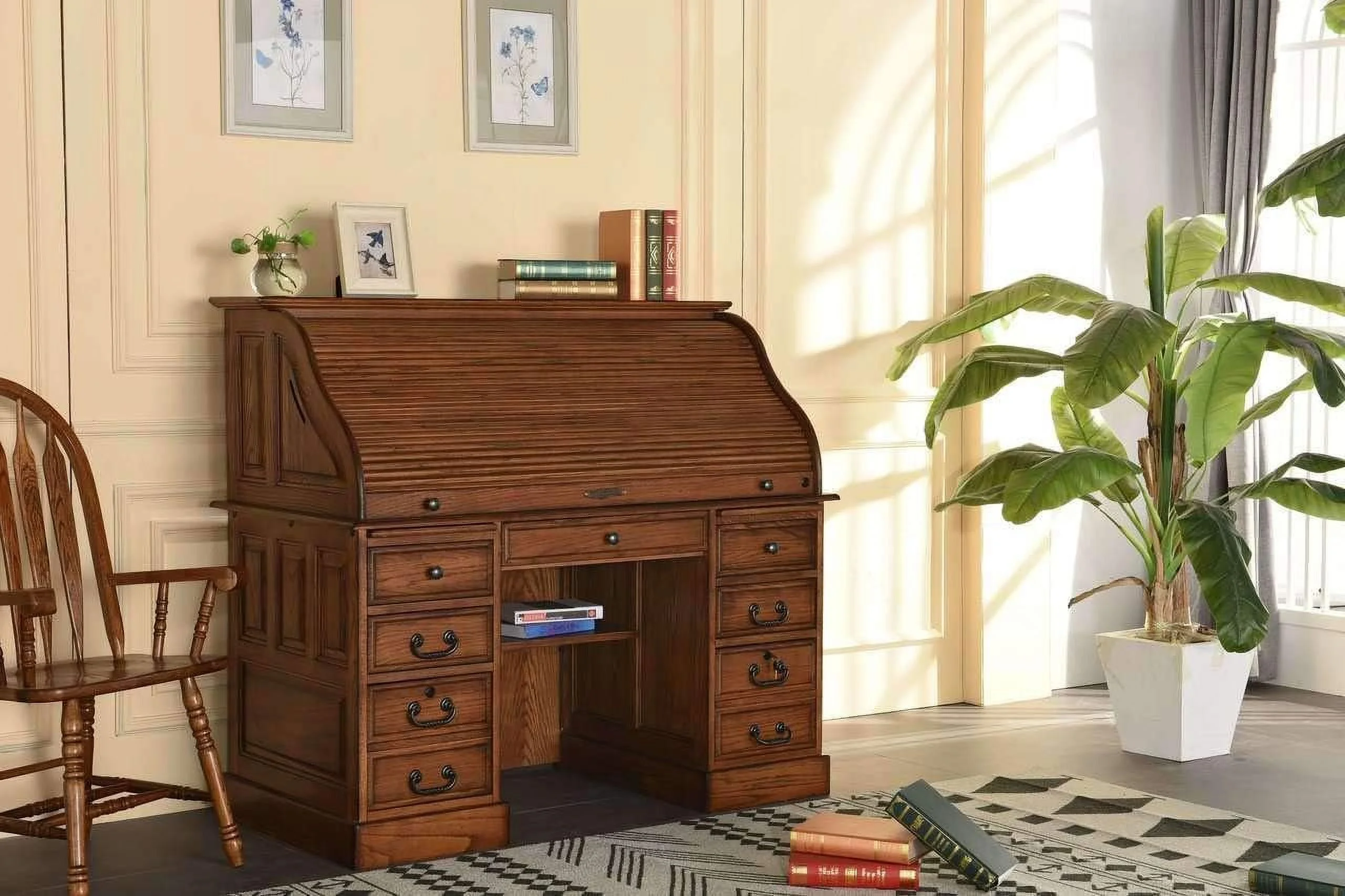 Popular Top Desk Solid Oak Wood - 54 Inch Deluxe Executive Rolltop Desk Burnished Walnut Stain for Home Office Secretary Organizer Roll Hutch Top Easy Assembly Quality Crafted Constructio