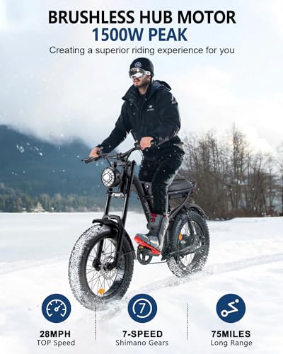 Riding'times 1500W Moped Style Electric Bike, 20 Inch Fat Tire & 6-Layer Full Suspension Ebike, Up to 28MPH & 75 Miles, 15.6AH Removable Battery, All-Terrain E Bike for Mountains, Snow, Sand, Road