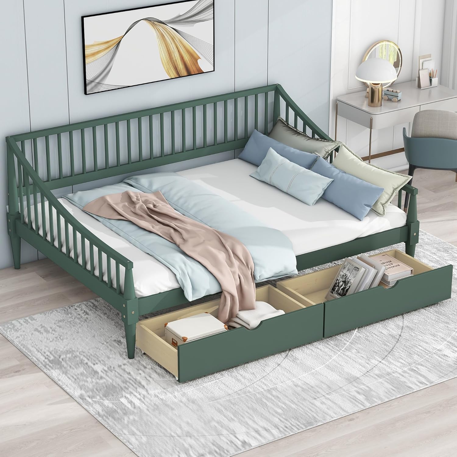 Full Size Daybed with Two Drawers,Solid Wood Storage Bed Frame W/Wooden Slat Support,Guide Rail Design on Three Sides,Easy to Assemble,for Bedroom Living Room,Green