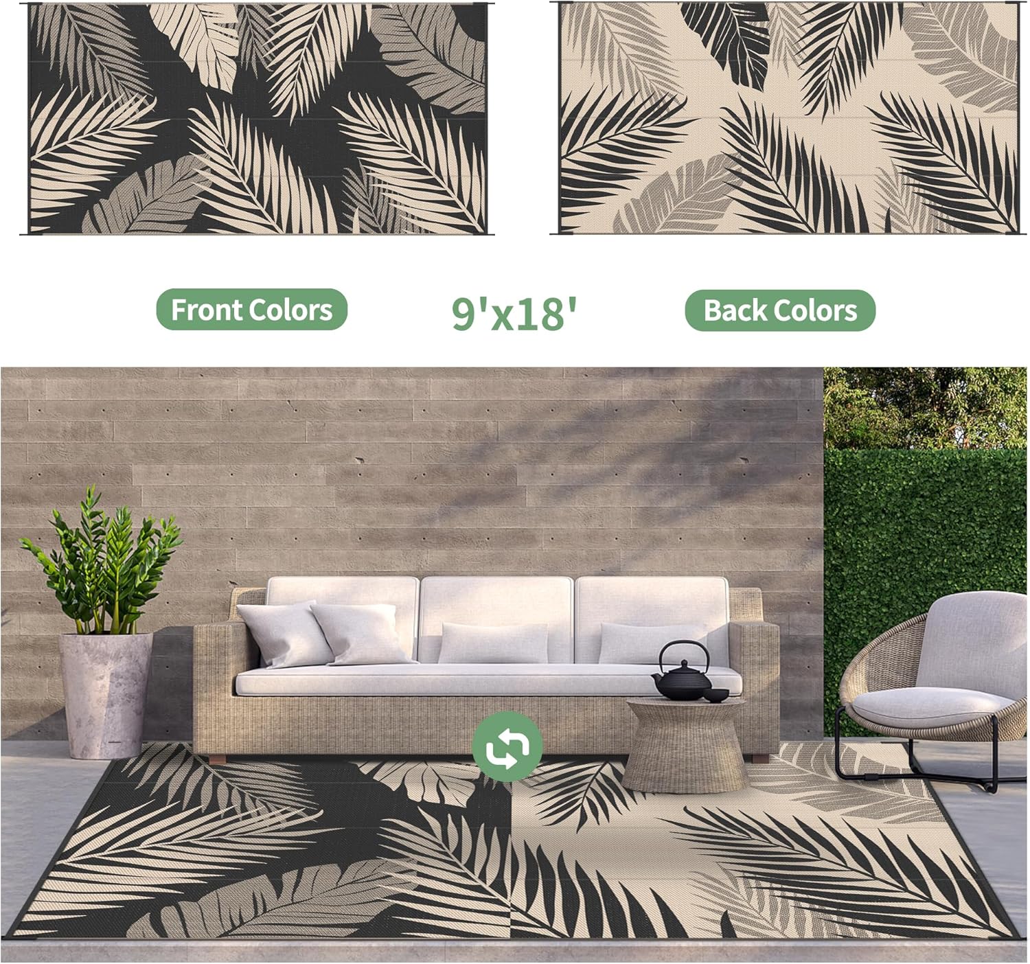 GENIMO Outdoor Rug 9' x 18' Waterproof for Patios Clearance, Reversible Outdoor Plastic Straw Camping Rug Carpet, Large Area Rugs Mats for RV, Camper, Deck, Balcony, Porch, Beach, Picnic, Black&Beige