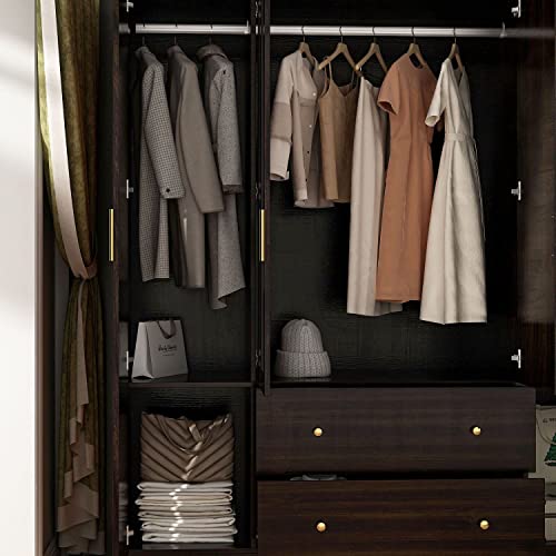 FAMAPY 4-Door Wardrobe Closet with Mirror, Armoires and Wardrobes with Drawers and Shelves, Armoire Wardrobe Closet with Hanging Rod, White (63”W x 19.7”D x 70.9”H)