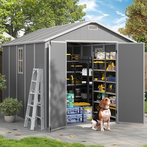 Outdoor Storage Shed, 6x6 FT Resin Shed with Floor and Lockable Door, Window, Vents, Tool Sheds and Outdoor Storage for Bike, Garden Accessories, Tools, Waterproof (Grey & White)