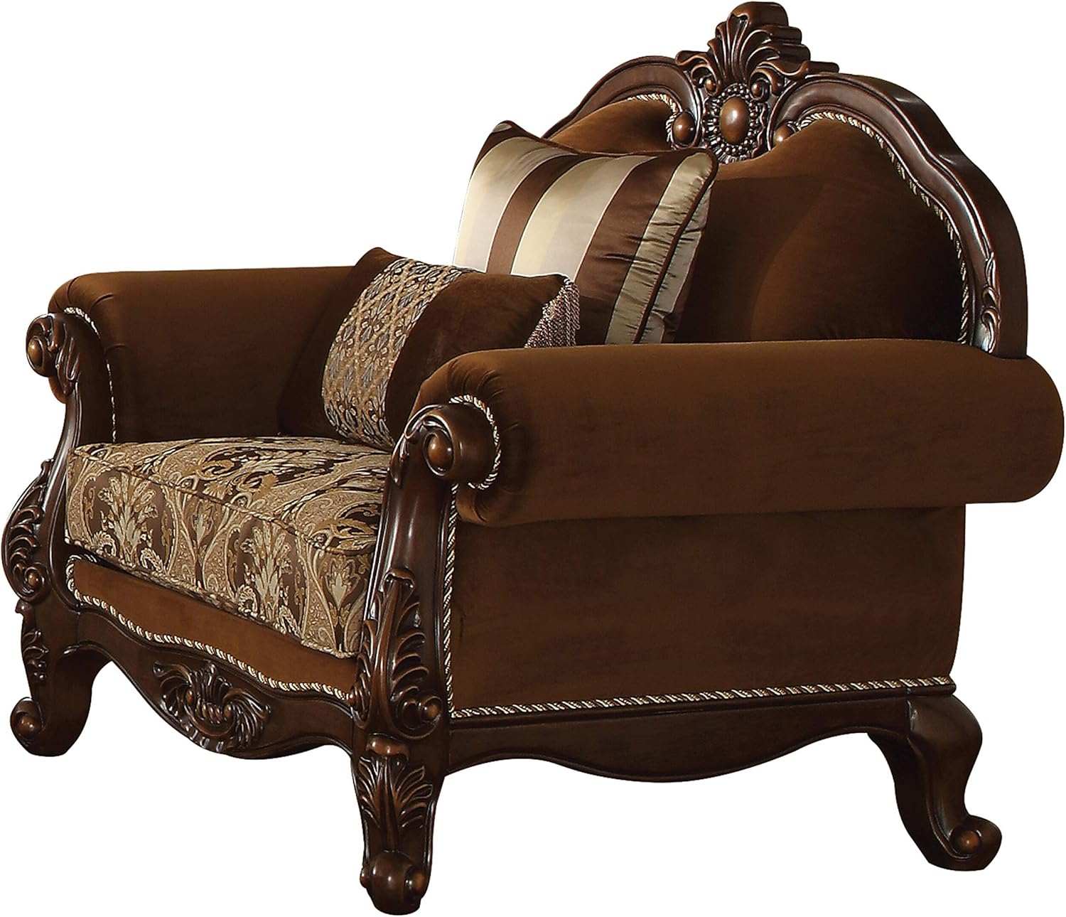 ACME Furniture Jardena Sofa, Brown and Floral Fabric, Cherry Oak Wood Trim