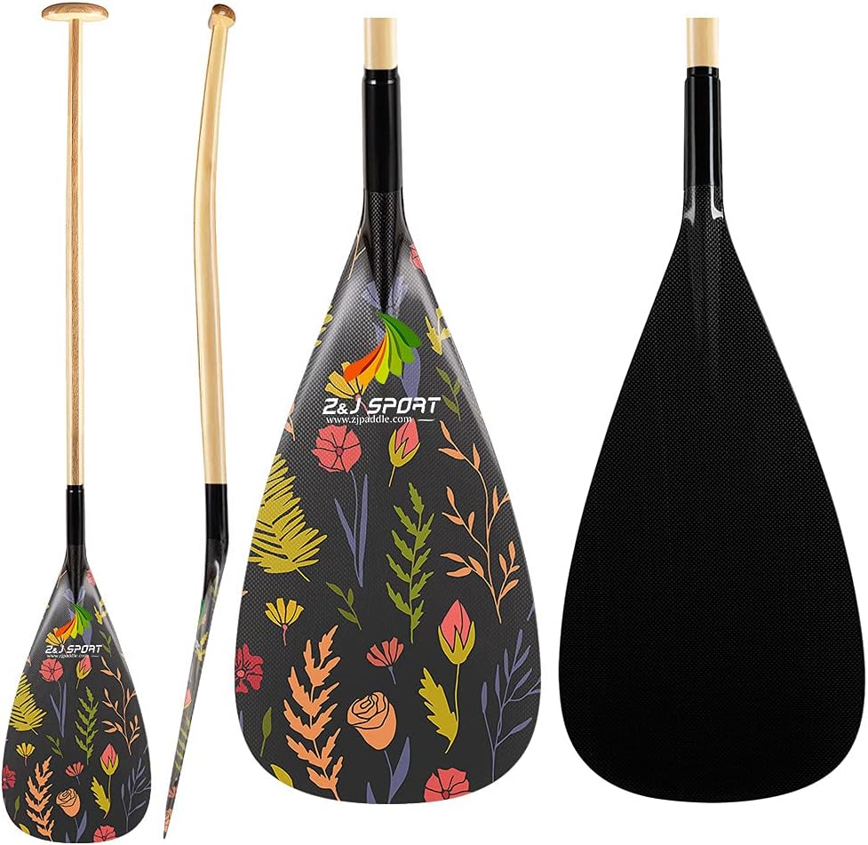 Z&J SPORT Outrigger Canoe Paddle, Tahiti Hybrid OC Paddle with Graphics Carbon Blade and Wood Bent Shaft 12 Degree