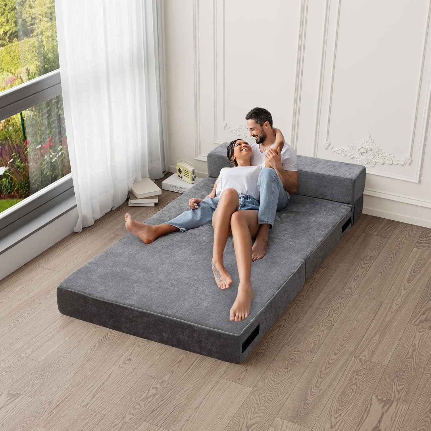 HOMFINE Folding Sofa Bed - Convertible Sleeper Chair with Pillow, Fold Out Couch, Memory Foam Floor Mattress, Futon Couch, Lazy Sofa for Living Room/Dorm/Guest Room/Home Office, Twin, Gray