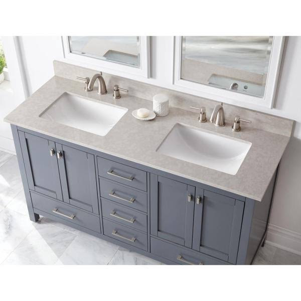 Home Decorators Collection 61 in. W x 22 in. Engineered Marble Vanity Top in Dunescape with White Double Trough Sink 62390