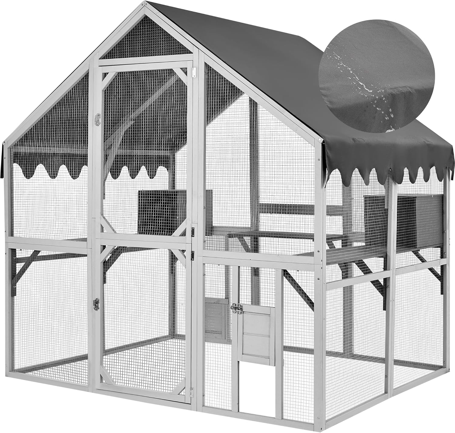 Catios for Cats Outdoor Patio Large Outdoor Cat Enclosure with Escape-Proof, Weatherproof for Multiple Cats Wooden Cat House, White-Grey LxWxH 74"x56.7"x73.6"