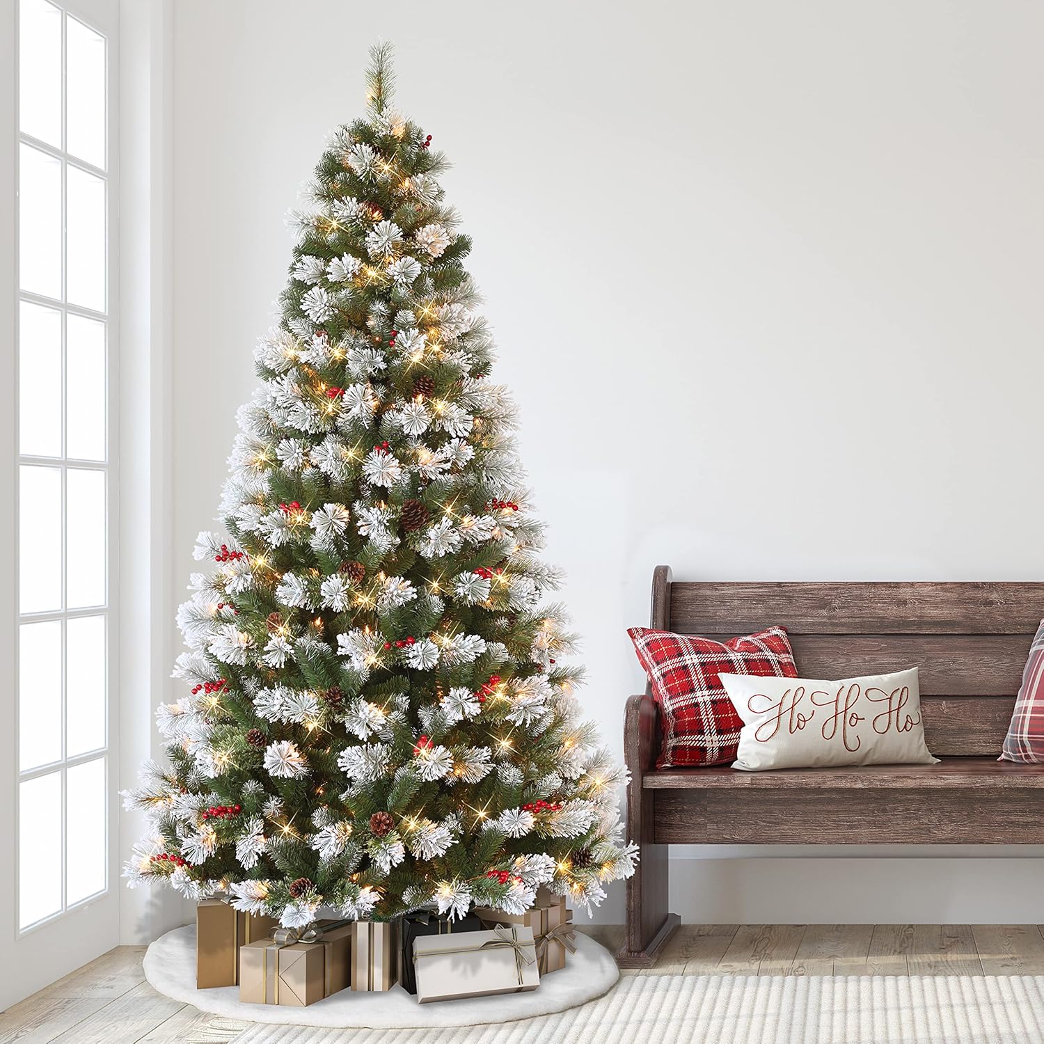 7.5 ft Flocked Pine Tree, 1042 Tips, 350 UL Clear Incandescent Lights, Pine Cones & Berries