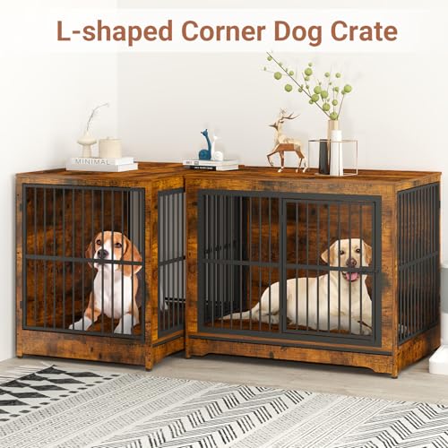 86 Inch Double Dog Crate Furniture with Divider, 4 Combination Forms Large Dog Kennel Furniture for 2 Dogs, Rustic Brown Corner Dog Kennel for Small Medium Large Dogs
