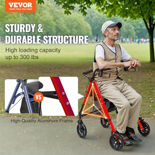 VEVOR Folding Rollator Walker for Seniors, Lightweight Aluminum Rolling Walker with Adjustable Seat and Handle, Outdoor Mobility Rollator Walker with 8" All Terrain Wheels, 300LB Support, Blue + Black