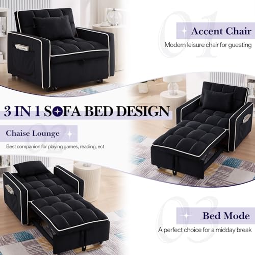 Convertible Sleeper Chair Bed, 3 in 1 Modern Velvet Pull Out Sofa Bed Chair, Small Tufted Single Sleeper Chair with Adjustable Backrest/Pillow for Living Room, Small Spaces, Apartment, Office, Beige