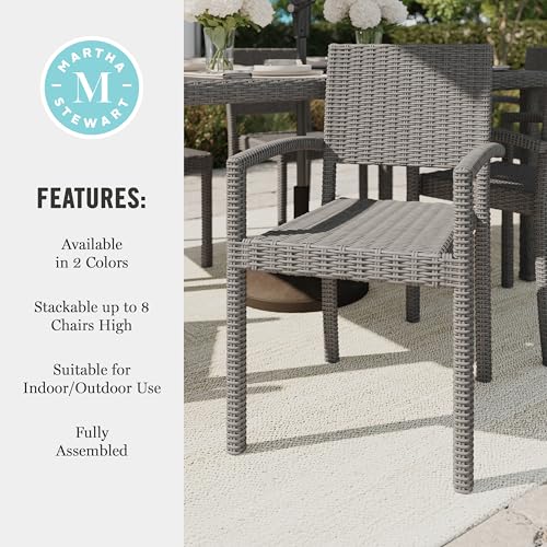 Martha Stewart Bedford Indoor-Outdoor Stackable Patio Armchairs with Rattan Wicker Finish in Brown, Set of 2