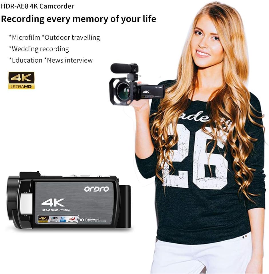 4K Video Camera Camcorder ORDRO HDR-AE8 4K UHD 1080P 60FPS Digital WiFi Camera Camcorder with IR Night Vision 3.0 '' IPS Touch Screen Camcorder with Microphone Wide Angle Lens and Camera Holder