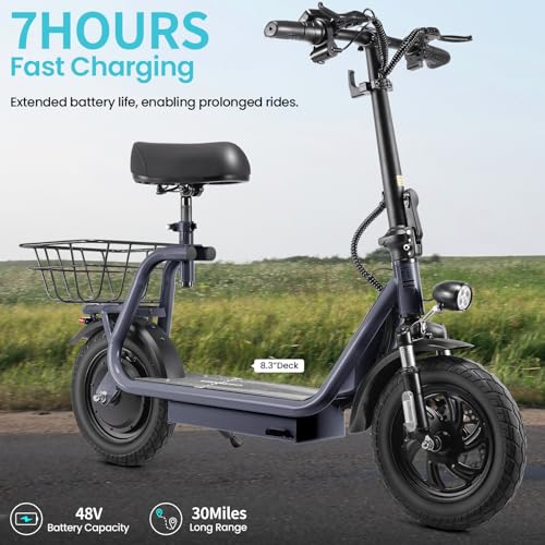 Caroma Peak 800W/1200W Electric Scooter Adults, 30 Miles Max Range, Foldable Electric Scooter with Seat, Front Suspension, Detachable Large Basket,Commuter E-Scooter for Adult and Teens