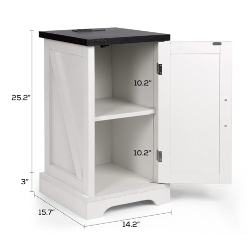 VOWNER 2PCS Farmhouse Nightstand with Charging Station, 17" Rectangular End Table with Barn Door, Wood Rustic Sofa Side Table for Living Room, Bedroom, White