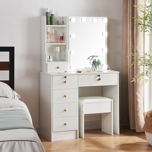 Vanity Desk Set with10 LED Lights, Makeup Vanity Table with Lighted Mirror and Charging Station, Dressing Table Desk with 5 Drawers, White Modern Vanity Set Dresser for Bedroom