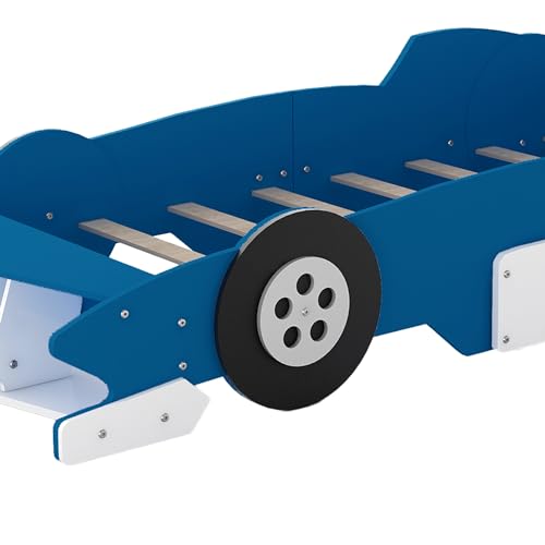 Twin Size Car Bed for Boys,Race Car-Shaped Wooden Platform Bedframe with Wheels & Safety Guardrail,Slats Support,Easy Assembly,Fun Play for Kids Toddlers Child's Bedroom,Yellow PU