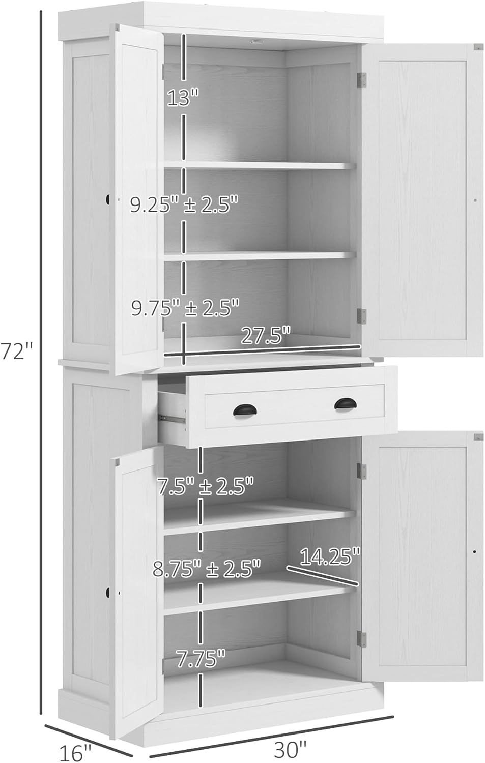 72.5" Height Kitchen Pantry Cabinet, Farmhouse Freestanding Storage Cupboard with 4 Doors, One Drawer, 3 Adjustable Shelves, Hutch Bar Cabinet for Dining Room, Bathroom, Kitchen