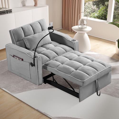 Setawix Convertible Chair Bed Sleeper, Tufted Velvet Pull Out Sleeper Chair with USB Ports & Phone Holder, Adjustable Backrest Armchair with Cup Holder Sofa Chair for Bedroom Living Room, Black